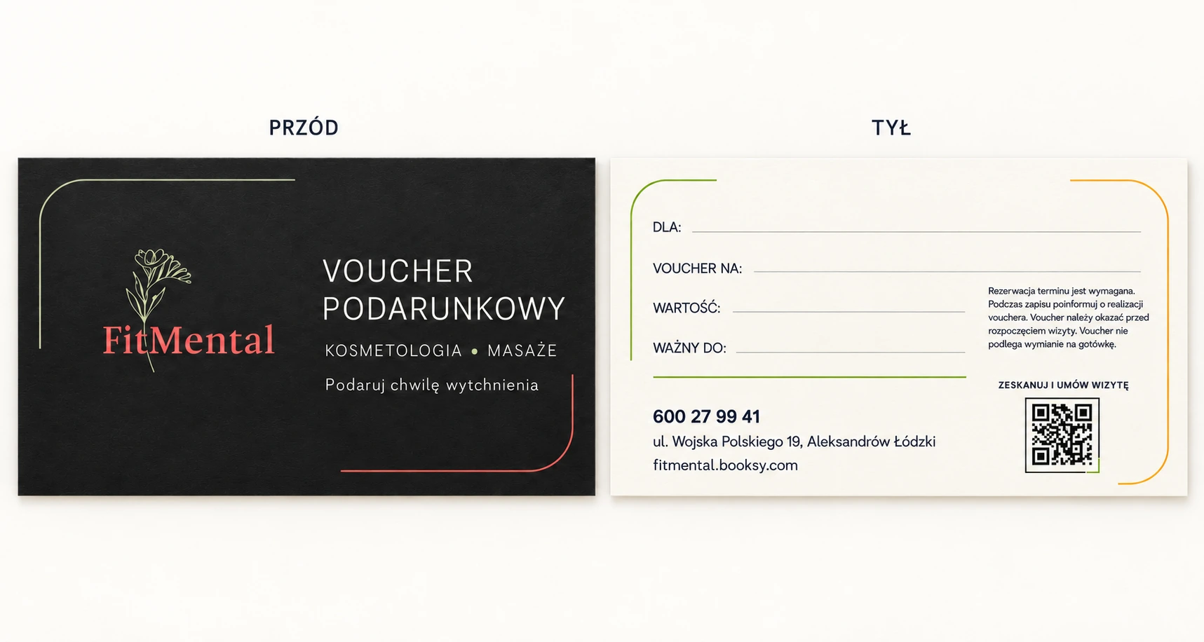 Przód i tył vouchera FitMental — wyraźne zbliżenie