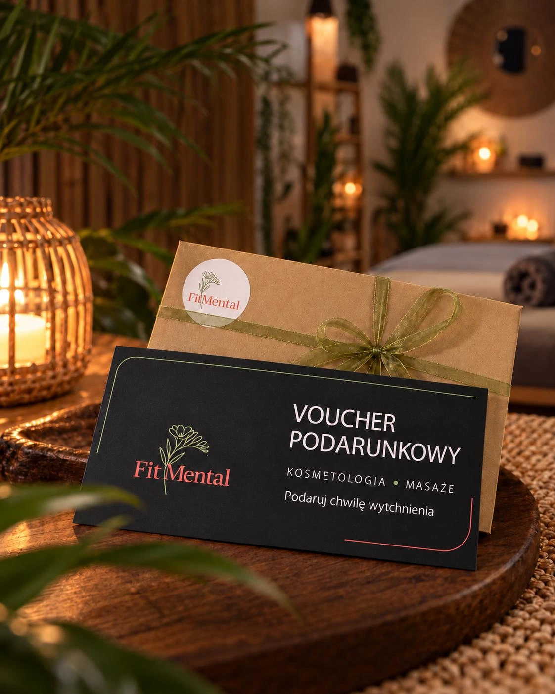 Voucher podarunkowy FitMental ze złotą kopertą i oliwkową wstążką w ciepłej scenerii salonu